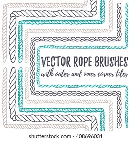 Vector set of 6 hand drawn decorative seamless pattern Rope brushes with outer and inner corner tiles. Endless whimsical ink borders for frames, marine knots, nautical elements. Brushes in eps file