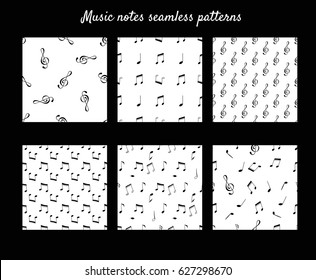 a vector set of 6 hand drawn seamless patterns with music notes and a g-clef; great for digital paper; background; wall paper; wrapping paper etc