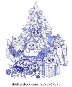 Vektorset von 6 Ferienkatzen. Tabby-Katze in einem Weihnachtsbaum, siamesische Falte in einer Geschenkbox, Kätzchen in einer Socke, weiße Katze in einem Weihnachtskranz, britische Katze und Champagner und gestreiftes Kätzchen in Baumspielzeug
