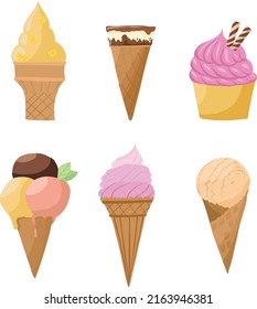 Conjunto de vectores de 6 helados en un cono: chocolate, crema brûlée, frambuesa, fresa, limón. Elementos decorativos aislados en blanco