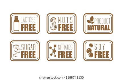 Vector set of 6 ingredient warning labels. Common allergens lactose, nuts, sugar, nitrates and soy. Natural product