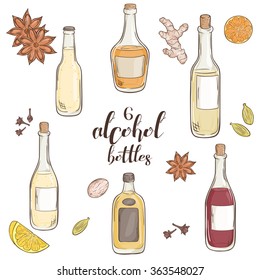 vector set of 6 isolated cartoon hand drawn alcohol bottles.