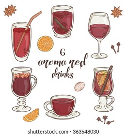 vector set of 6 isolated cartoon hand drawn aroma red drinks