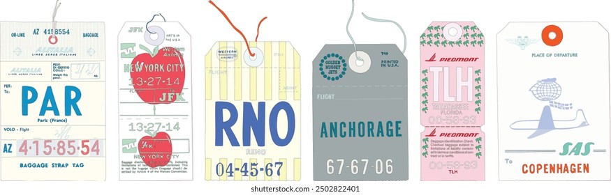 A vector set of 6 luggage tags for traveling flights in unique playful colors.