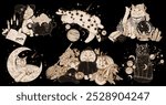 Vector set of 6 magical cats. With a cauldron of potions, in space, in the center of the galaxy, on the moon, a fortune-telling cat with a magic bullet, in a hood among carved pumpkins