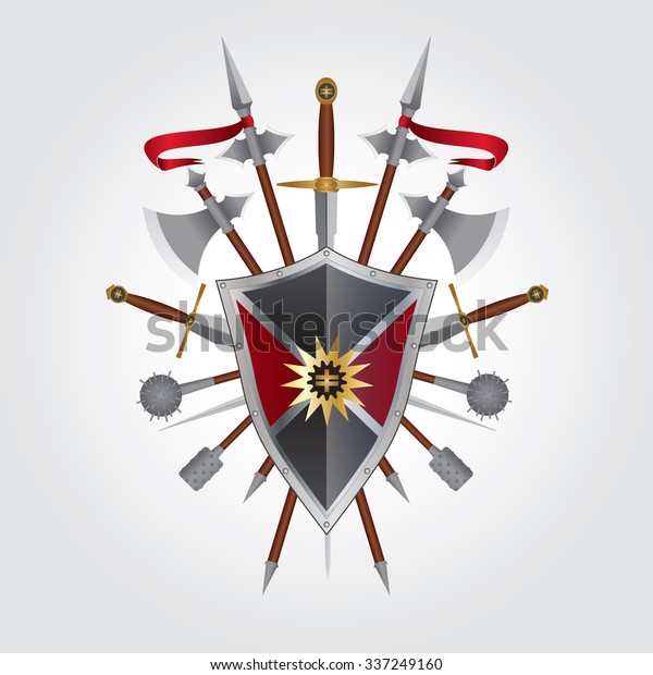 Vector\
set of 6 medieval weapons and a shield with\
sign.