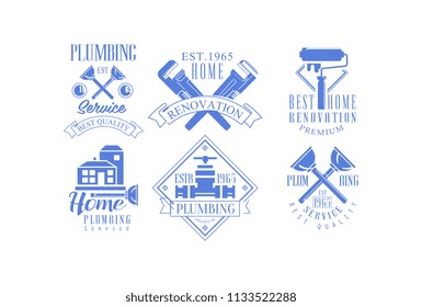 Vector set of 6 monochrome logo templates for plumbing and construction services. Home renovation, house painting and repair