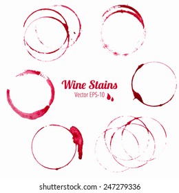 vector set of 6 red round watercolor wine stains isolated on white background