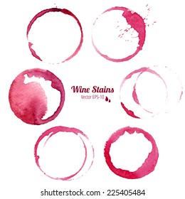 vector set of 6 round watercolor wine stains isolated on white background