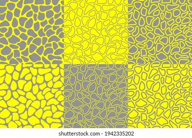 Vector set of 6 seamless geometric pattern with abstract rounded shapes in trendy illuminating yellow and ultimate gray color. Nice print for closes, cover, background and other use.