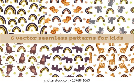 A vector set of 6 seamless patterns with an animal in a flat style for children’s apparel, stationery, accessories, textiles. Print.