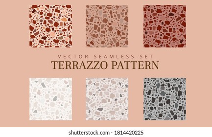 Conjunto de vectores - 6 Patrones Terrazzo sin soldadura en Neutral, Tones de la Tierra para baldosas, Fondo de fondo, Fondo de escritorio, Suelo. Textura De Piedra Granítica Pintada A Mano.