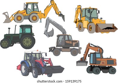 vector set of 6 silhouettes of a tractors of road service