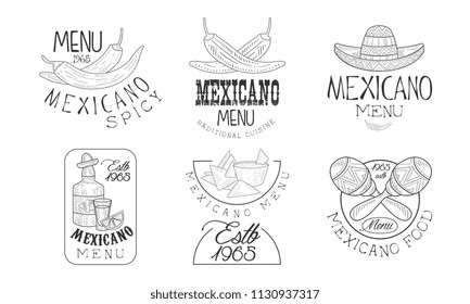 Vector set of 6 sketch style emblems for Mexican restaurant. Original logos with traditional food, tequila bottle, sombrero hat and maracas