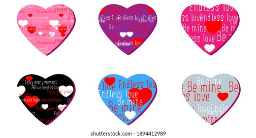 Conjunto de vectores de 6 válvulas. Corazones multicolores con texto romántico. Para el diseño de postales festivas, iconos, banners, plantillas, avatares, paquetes, fondos de escritorio, decoraciones, pegatinas e impresión