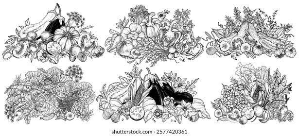 Vector set of 6 vegetable compositions. Whole and cut vegetables, slices, halves, greens. Grocery store brochure. Fresh farm fruits. Organic farming. Nutrition banner, healthy eating