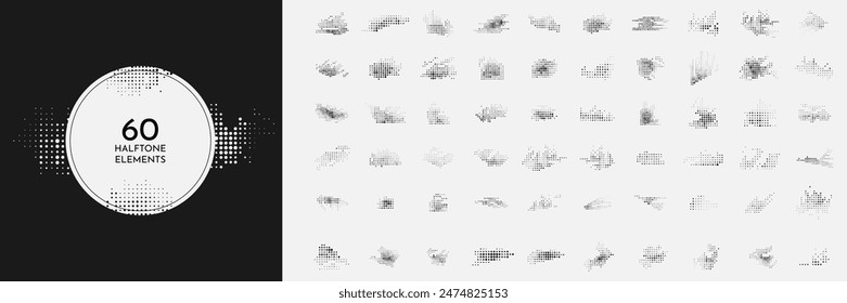 Vector set of 60 dynamic halftone dotted elements. Pop art style. Faded dots bundle isolated on white background. Collection of geometric shapes. Design elements for poster, layout, postcard, frame