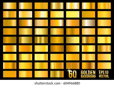 Vector set of 60 gold gradients. Square textured bright metal shiny. Abstract golden design