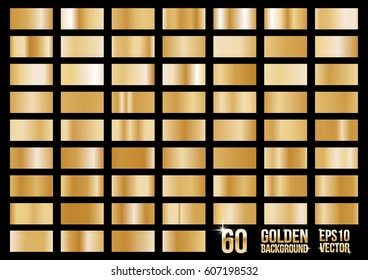 Vector set of 60 gold gradients. Square textured bright metal shiny. Abstract golden design