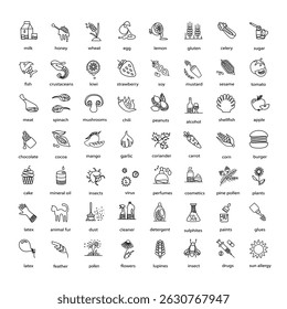Vector set of 60 outline icons representing common allergens: food, environmental, chemical, cosmetic. Perfect for use in packaging, health and safety labeling, medical infographics, allergy guides.