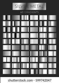 Vector set of 60 silver gradients. Silver rectangle collection. Silver background texture. Big collection of grey silver metallic gradient  illustration. 