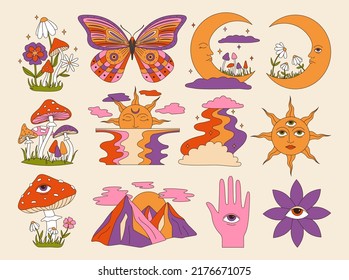 Vector Set Of 60s And 70s Psychedelic Clipart. Retro Groovy Mushrooms, Flowers, Eyes, Sun, Moon, Butterfly. Cartoon Hippie Stickers. Vintage Boho Illustrations. Abstract Trippy Art