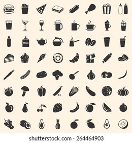 Vector Set of 64 Food Icons. Food and Drinks. Fast Food. Dessert. Vegetables. Fruits. Food Signs for Restaurant Menu.