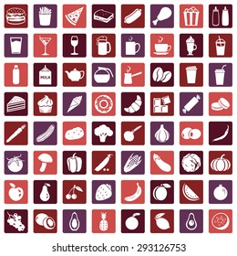 Vector Set of 64 Food Icons. Food and Drinks. Fast Food. Dessert. Vegetables. Fruits. Food sign for Restaurant Menu.