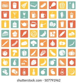 Vector Set of 64 Food Icons. Food and Drinks. Fast Food. Dessert. Vegetables. Fruits. Food sign for Restaurant Menu.