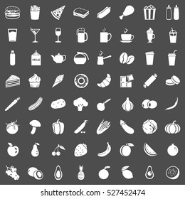 Vector Set of 64 Food Icons. Food and Drinks. Fast Food. Dessert. Vegetables. Fruits. Food sign for Restaurant Menu.