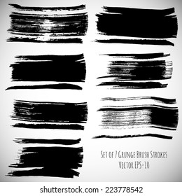 vector set of 7 black ink grunge brush strokes