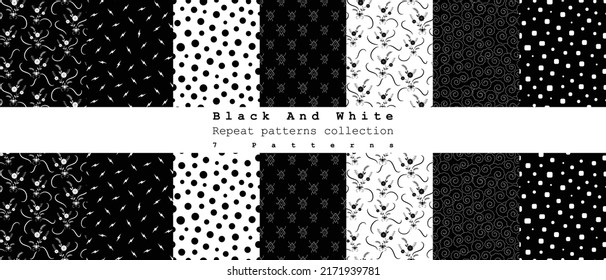 Vector set of 7 Black and white scrapbooking repeat patterns background. Can be used for packaging projects, wallpapers, textile, posters, wrapping