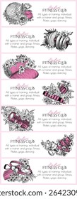 Vector set of 7 cards with pink sports equipment surrounded by flowers. Collection of pilates tools. Flowering Fitness gear for women. Blooming. Exercises for ladies. Women's gym. Goods for activities