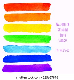 vector set of 7 colorful watercolor rainbow brush strokes isolated on white background