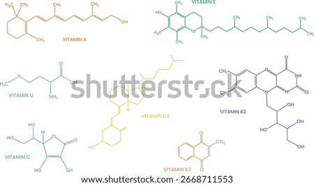 Vector set of 7 common vitamin molecule structures including Vitamin A, E, U, C, D3, K3 and B2. Perfect for education, chemistry, biology, nutrition, science and medical illustration themes