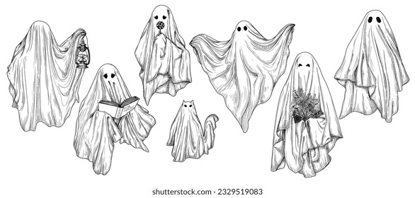 Vector set of 7 different ghosts in engraving style. Ghost with a book, with a lamp, with a bouquet, with a candy, ghost cat