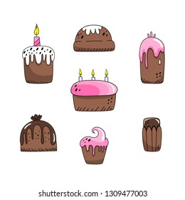 Vector set of 7 Easter cakes. Doodle style.
