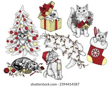 Vector set of 7 holiday cats. Siamese lop-eared, tabby, British, fluffy. In a Christmas tree, with Christmas decorations, in a gift box, wrapped in a garland, in a Christmas stocking, with champagne