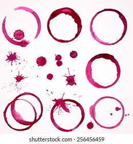 vector set of 7 round watercolor wine stains and drops/blots traces over white background