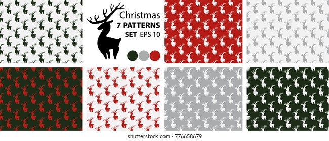 Vector set of 7 seamless Christmas patterns for seasonal product, wrapping paper, cover, fabric, souvenir, curtain, holidays, new year, gift. Red, green, grey and white colors,  EPS 10.