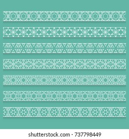 Vector set of 7 seamless linear borders, frame elements. Fashion lace collection, line patterns. Decorative geometric border for page, headline, banner, wedding invitation, greeting card.