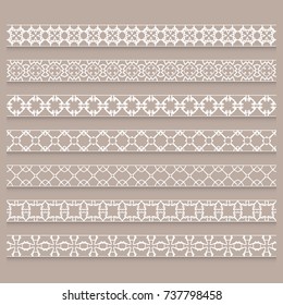 Vector set of 7 seamless linear borders, frame elements. Fashion lace collection, line patterns. Decorative geometric border for page, headline, banner, wedding invitation, greeting card.