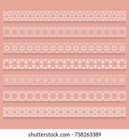 Vector set of 7 seamless linear borders, frame elements. Fashion lace collection, line patterns. Decorative geometric border for page, headline, banner, wedding invitation, greeting card.