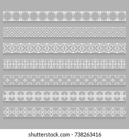 Vector set of 7 seamless linear borders, frame elements. Fashion lace collection, line patterns. Decorative geometric border for page, headline, banner, wedding invitation, greeting card.
