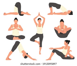 Vector set of 7 yoga poses. Popular asanas. Application design