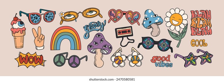 Vector set of 70s hippie groovy stickers in retro psychedelic style. Trippy smiling daisy flower, fly agaric mushroom with eyes, rainbow, peace gesture V sign and sunglasses. Vintage disco eyewears.