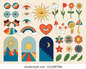 Vector set of 70s psychedelic clipart. Retro groovy graphic elements of sunglasses, mushrooms, flowers, eyes, lips, windows. Cartoon hippy stickers. Vintage boho illustrations