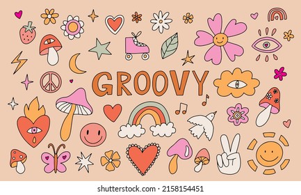 Vector set of 70s psychedelic clipart. Retro groovy graphic elements of mushrooms, flowers, eyes. Cartoon hippy stickers.