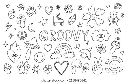 Vector set of 70s psychedelic clipart. Retro groovy graphic elements of mushrooms, flowers, eyes. Cartoon hippy stickers.