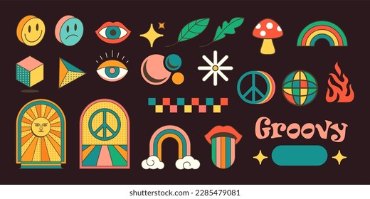 Conjunto de vectores de la pegatina clíparte psicodélica de los años 70. Elementos gráficos retro groovy o pegatinas hippy de dibujos animados. Ilustraciones de boho vintage. Obra abstracta de hipster.
